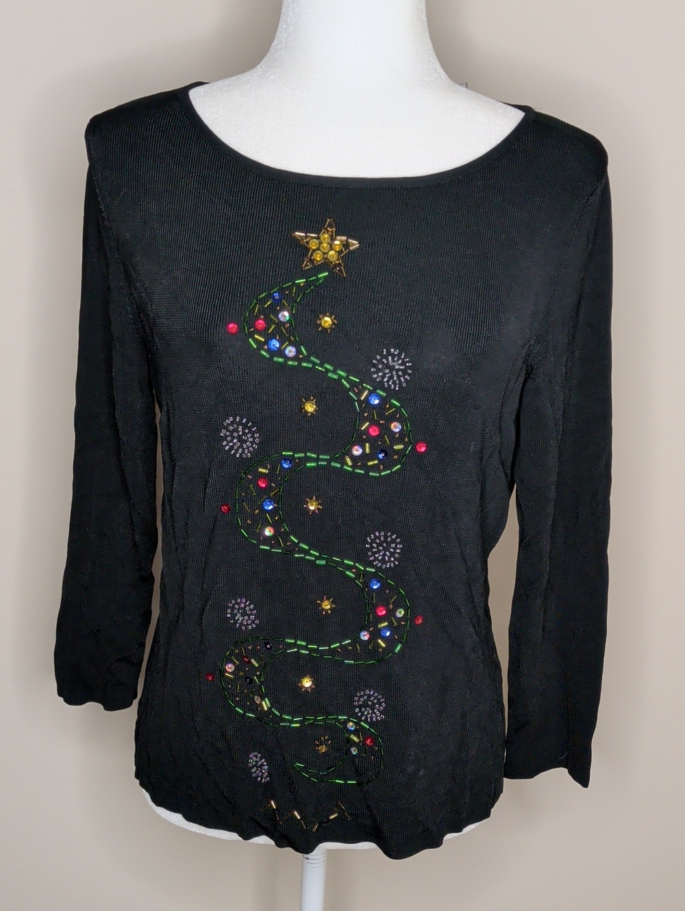 Black Embellished Holiday Tee with Tree Motif Size Large